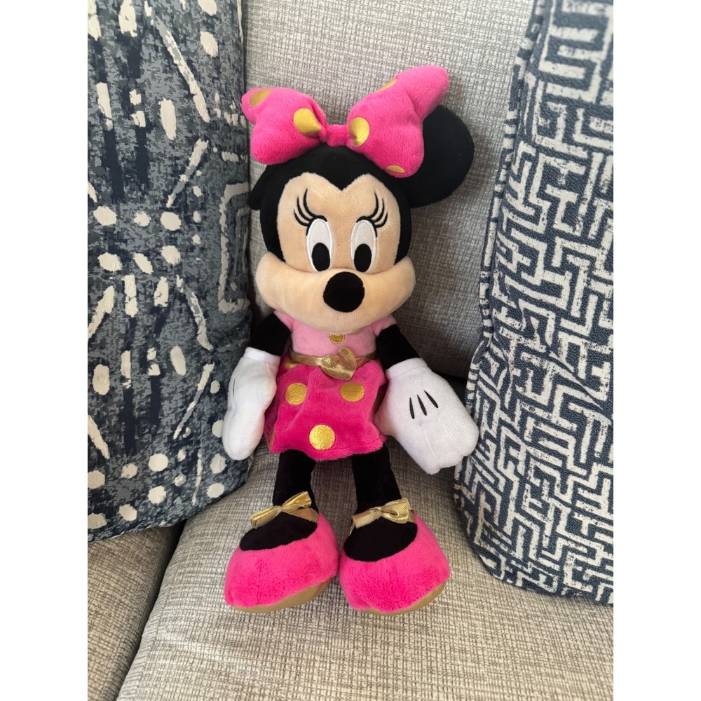 Disney Minnie Mouse Plush Pink Dress‎ Bow Gold Polka Dots Stuffed Animal Toy